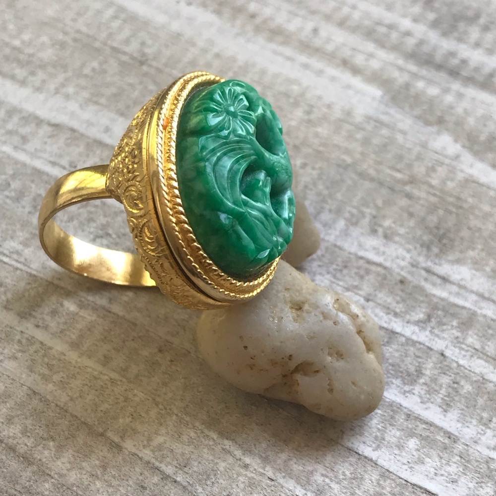 Vintage Avon Locket Ring Gold Green Boho Statement Ring 70s - Picture 4 of 15